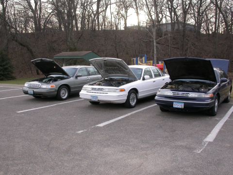 2001 Ford Crown Victoria - Three Ford Crown Victorias, model year 2001, are parked side-by-side with their hoods open.