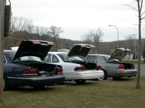 2001 Ford Crown Victoria - Three Ford Crown Victorias are parked side-by-side with their trunks open.