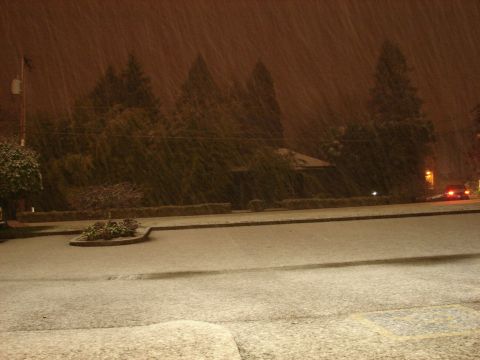 1996 Ford Bronco - Snowfall covers a residential street at night, with a car visible in the distance.