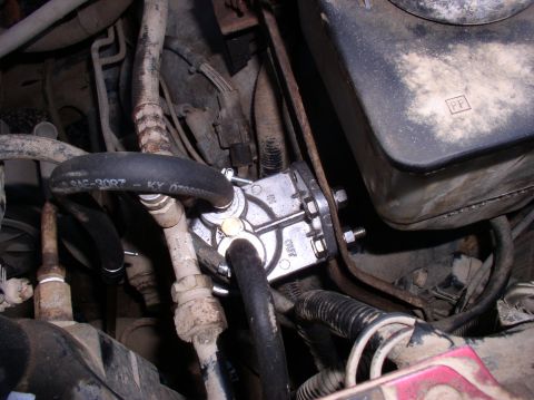 1996 Ford F-250 - Engine bay view showing a fuel filter and associated plumbing, with visible part numbers and hose markings.