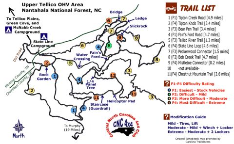 1989 Ford Bronco - This document displays a map of the Tellico Plains OHV trail system, detailing various routes and points of interest.