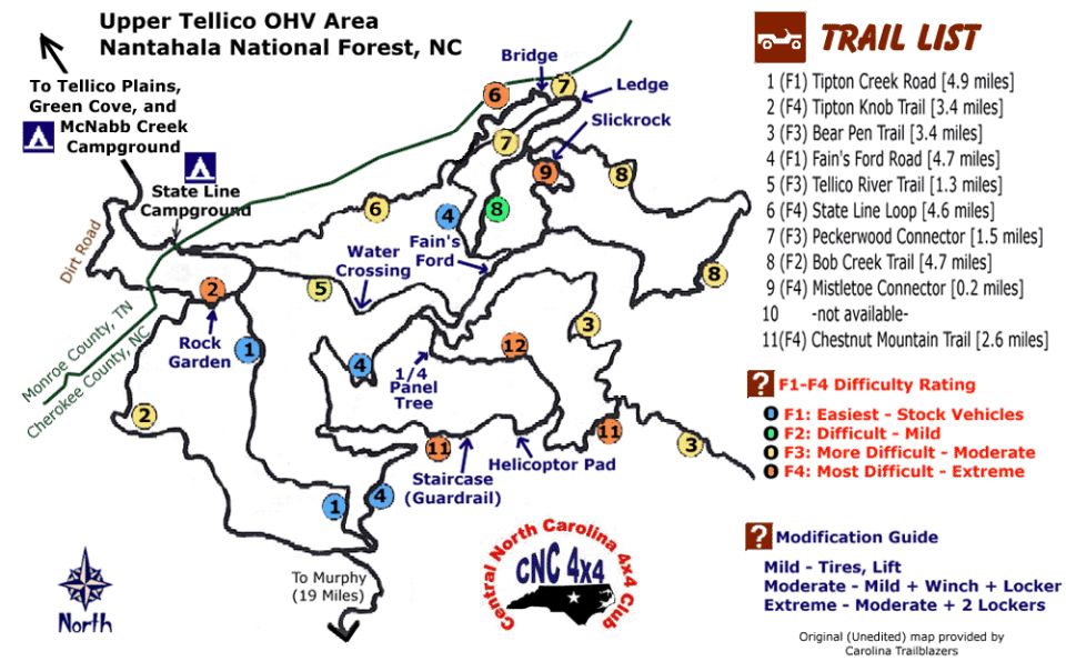 Map of Tellico Plains OHV trails with numbered points of interest and a legend