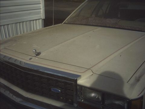 1985 Ford Crown Victoria LTD - Dusty 1980s Ford Crown Victoria front view shows its distinctive grille and hood ornament.