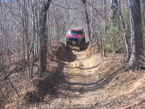 1979 Ford Bronco - A red 1978 Ford Bronco navigates a challenging off-road trail in a wooded area.