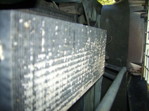 1982 Ford Crown Victoria LTD - Close-up of a vehicle's radiator and cooling fan assembly, showing debris on the fins.