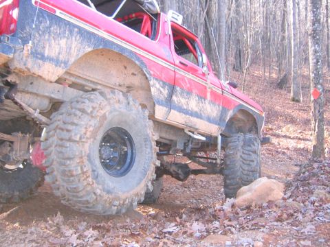 1979 Ford Bronco - Off-road SUV with large tires navigating a dirt trail in a wooded area.