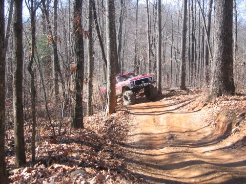 1979 Ford Bronco - A red 1979 Ford Bronco navigates a steep, rutted dirt path through a dense forest.