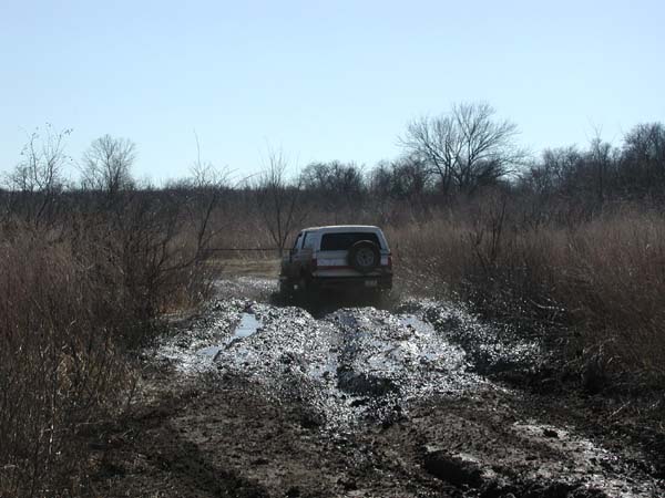 Light-colored SUV with rear spare driving away through a rutted muddy trail in bare woods
