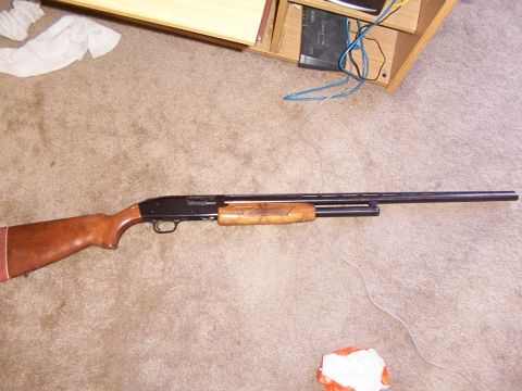 1978 Ford Bronco - A shotgun with a wooden stock and forend lies on a carpeted floor.
