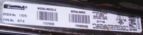 2003 Jeep TJ - This data plate shows Kenmore appliance information including stock number, model, serial number, and motor specifications.