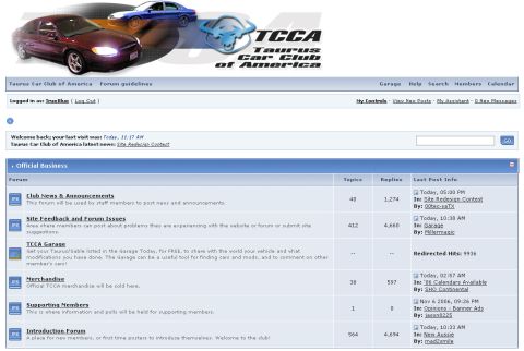 1993 Ford Taurus - Screenshot of the Taurus Car Club of America website forum, a header with car images and navigation links.