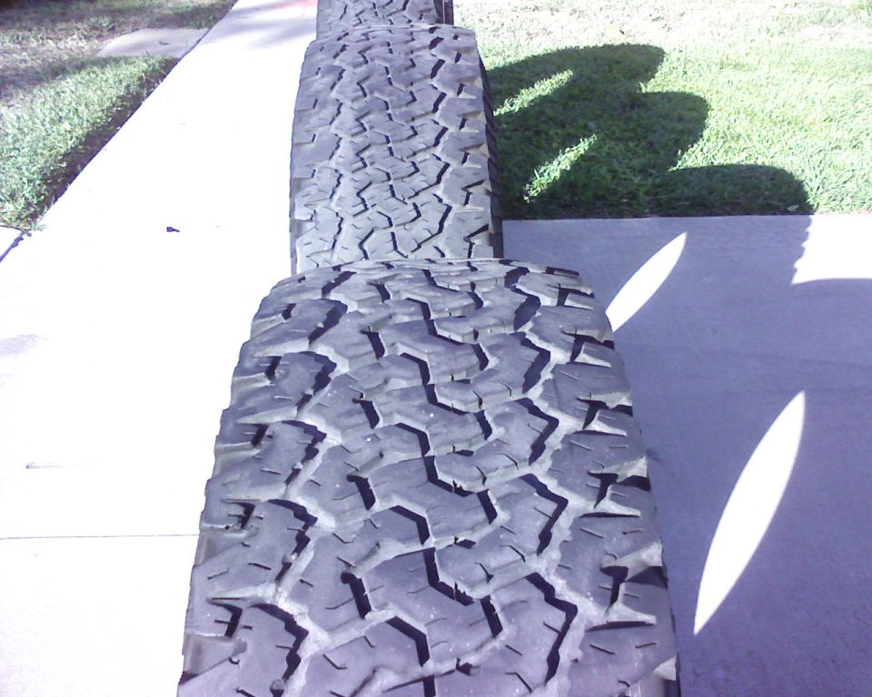 Overhead close-up of all-terrain truck tire tread standing on a sidewalk