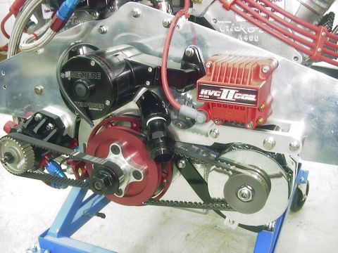 1990 Ford Mustang - Custom engine parts including a Meziere Enterprises water pump and an HVC II ignition module are shown.