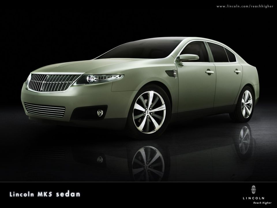 Lincoln MKS sedan, front quarter view, light green color, black background
