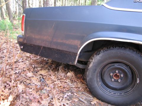 1991 Ford LTD Crown Victoria - Rear view of a dark sedan parked on fallen leaves, showing its quarter panel and wheel.