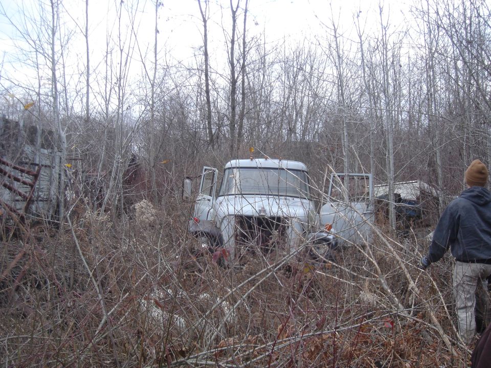 White truck with doors open, overgrown with brush. A person in a beanie stands to the right
