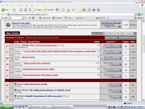2004 Ford F-150 - A screenshot shows a forum page listing various threads related to Ford Bronco parts and accessories.
