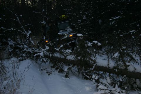2003 Jeep TJ - A Jeep Wrangler navigates a snowy, wooded trail with a fallen tree obstructing the path.