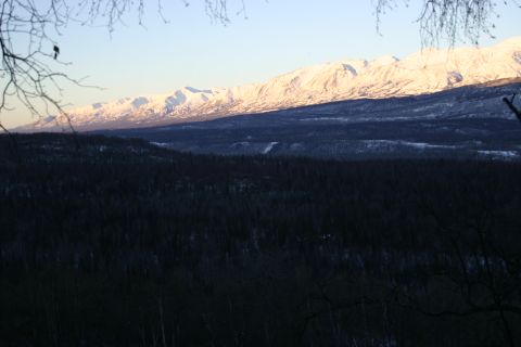 2003 Jeep TJ - A vast landscape snow-covered mountains illuminated by the setting sun, with a dense, dark forest in the foreground.