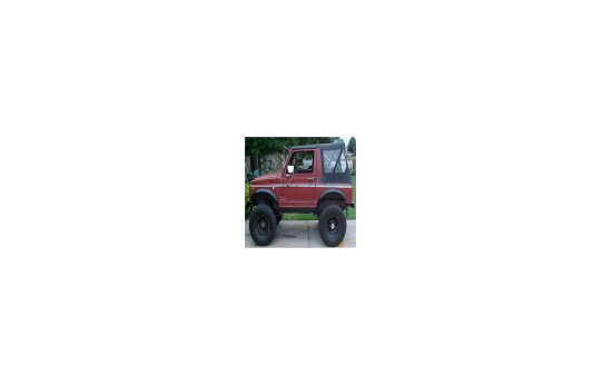 Small maroon lifted Suzuki Samurai hardtop parked on a driveway, narrow side profile