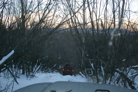 2003 Jeep TJ - A red SUV navigates a snow-covered path surrounded by a dense forest of bare trees.