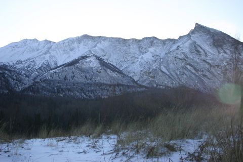 2003 Jeep TJ - Winter scene of mountains and forest with snow-covered ground and dry grass.