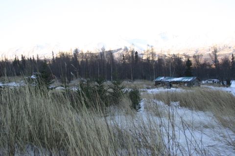 2003 Jeep TJ - Two dilapidated cabins and vehicles sit in a snowy field with trees and mountains in the distance.