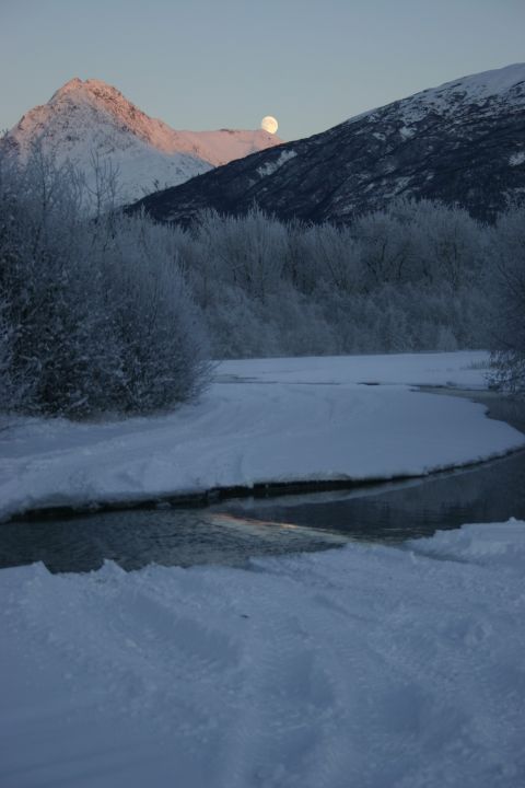 2003 Jeep TJ - A full moon ascends over snow-dusted peaks, casting a soft glow on a frozen river and frosted trees.