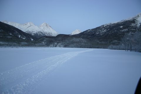 2003 Jeep TJ - A wide expanse of snow stretches towards a forested mountain range under a clear blue sky.