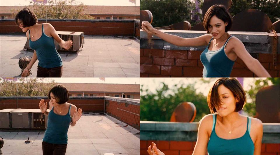 Collage of movie stills of a woman dancing on a rooftop