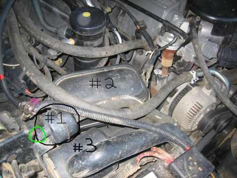 1995 Ford Bronco - Close-up view of an engine compartment with various components labeled for identification.