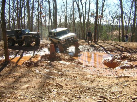1979 Ford Bronco - Two Ford Broncos tackle a challenging muddy obstacle course in a wooded area.