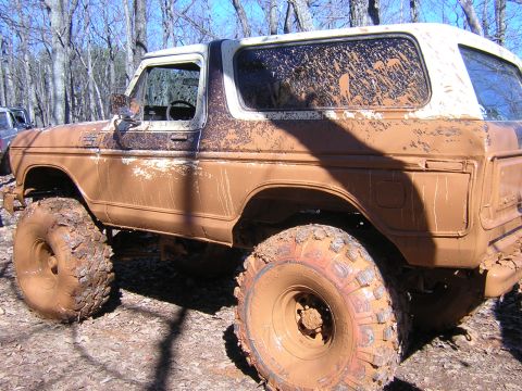 1979 Ford Bronco - Muddy 1978 Ford Bronco after off-roading in a wooded area. Another vehicle is visible in the background.