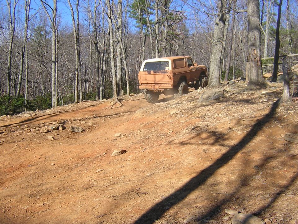 Orange 1979 Ford Bronco driving on a wooded dirt trail