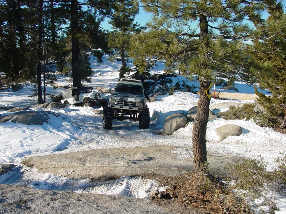 Two off-road vehicles, one a white Jeep and the other a camouflaged SUV, are parked on a snowy trail surrounded by pine trees