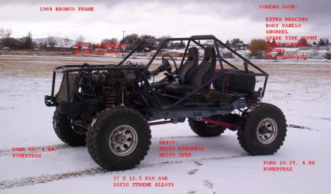 1984 Ford Bronco - Annotated side view of a black tube-frame buggy with no body panels, exposed engine, two black bucket seats and red coil springs, sitting o…