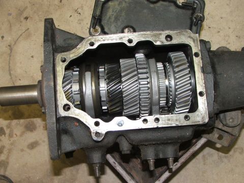 1965 Ford Mustang - Close-up view of the internal gears within a manual transmission assembly.