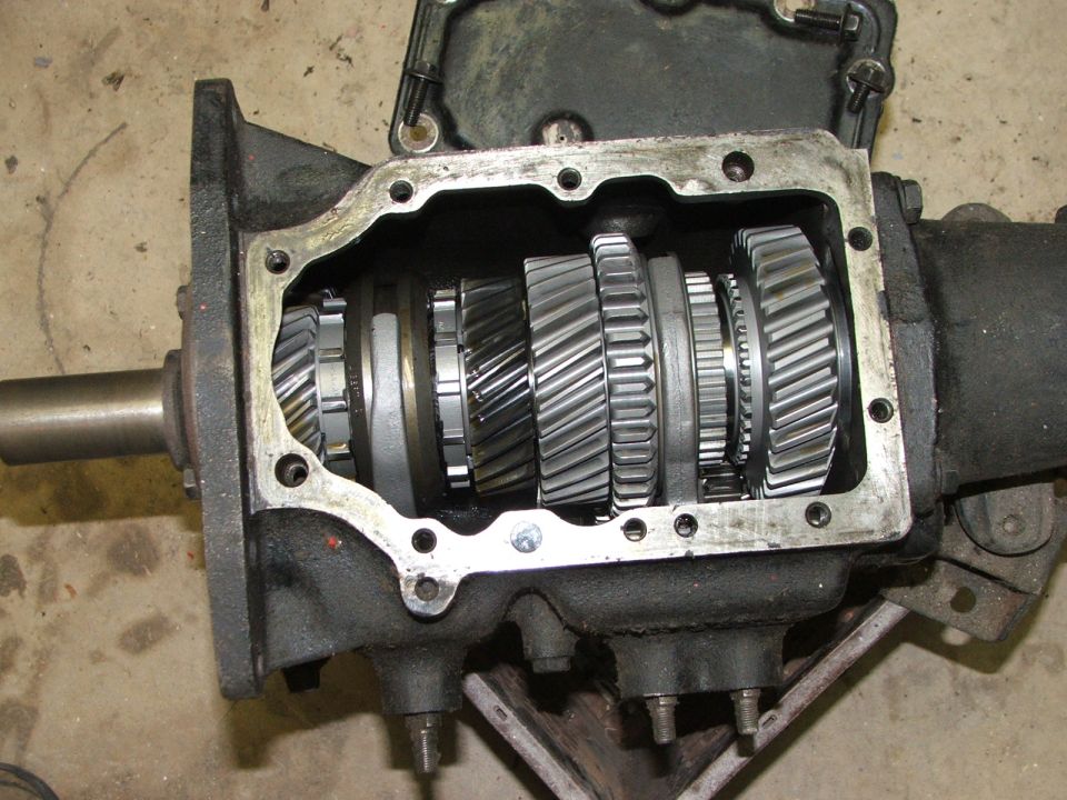Transmission gears exposed in a disassembled gearbox