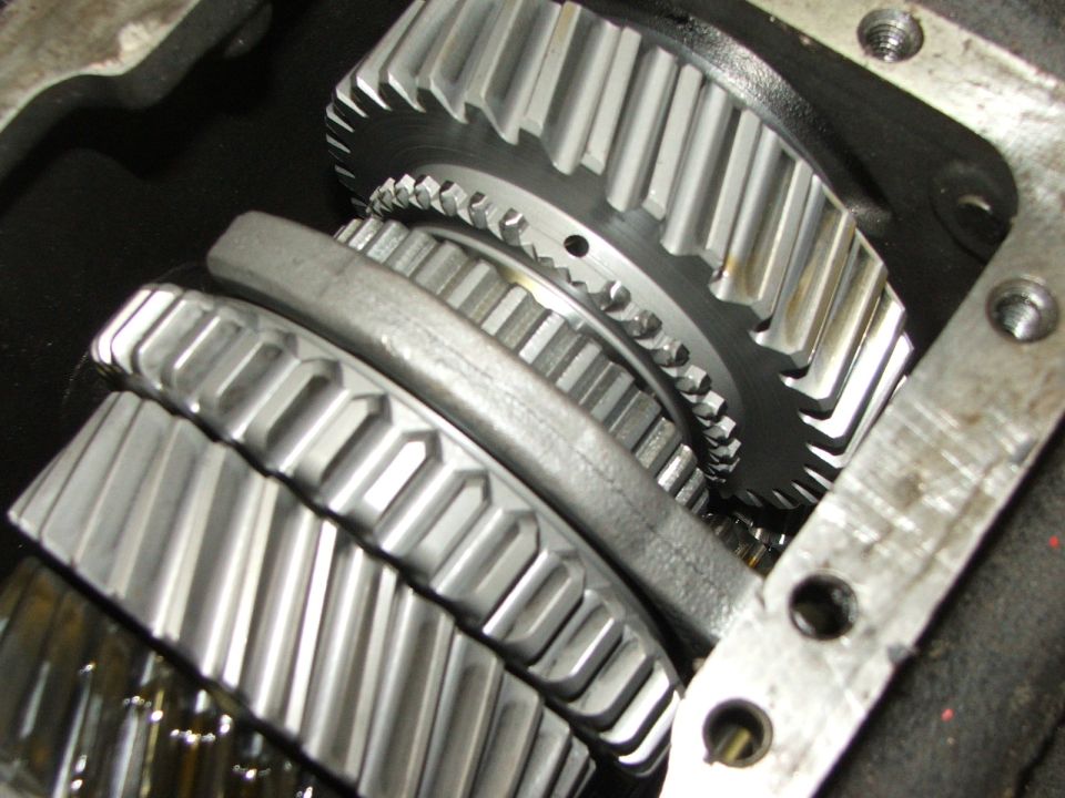 Transmission gears inside a housing, close-up view