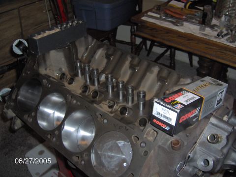 1978 Ford Bronco - A close-up view of an engine block, showing the cylinders and lifter bores, with a new set of lifters ready for installation.