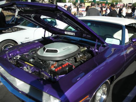 1992 Ford Crown Victoria - A purple muscle car is displayed with its hood open, revealing the engine bay and a prominent shaker hood scoop.