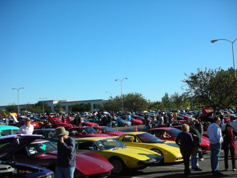 1992 Ford Crown Victoria - A large gathering of vehicles and attendees fills a parking lot on a sunny day.