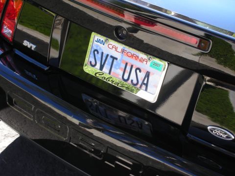 1992 Ford Crown Victoria - The rear of a black Ford Mustang SVT Cobra is shown, a California license plate.