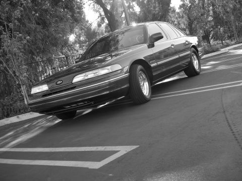 1992 Ford Crown Victoria - A dark-colored Ford Crown Victoria is parked in a lot, angled towards the viewer with sunlight filtering through trees.