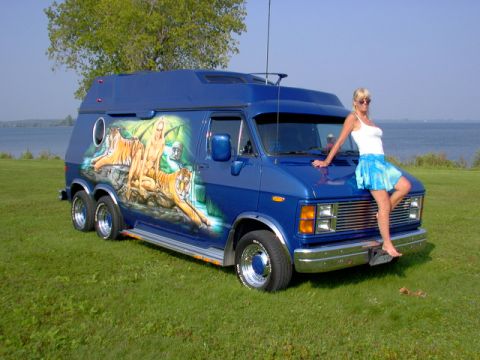 1978 Ford Mustang II - A custom blue van with a tiger mural and dual rear wheels is parked on a grassy field near the water.