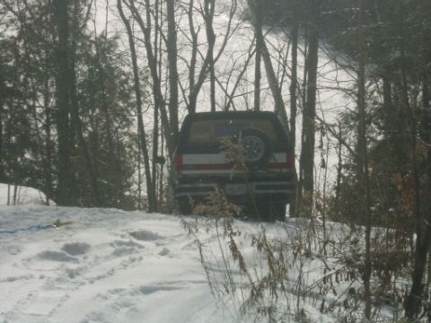 1990 Ford Bronco - A 1990 Ford Bronco is seen from the rear, parked in a snowy, wooded area with its spare tire mounted externally.