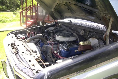 1984 Ford Bronco - The engine bay of a 1984 Ford Bronco is shown with the hood open, revealing the engine and various components.