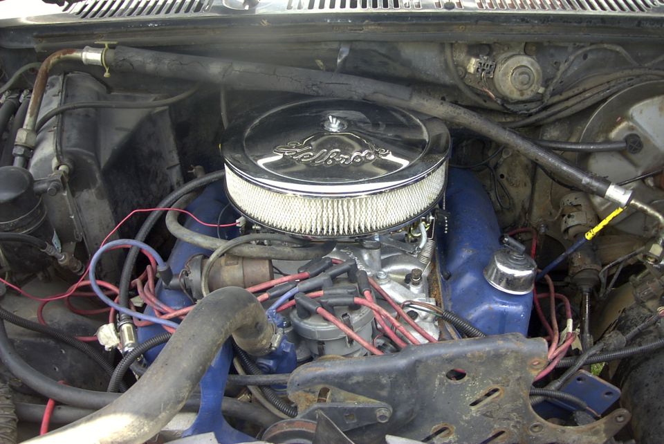 Engine bay with chrome air cleaner and blue valve covers