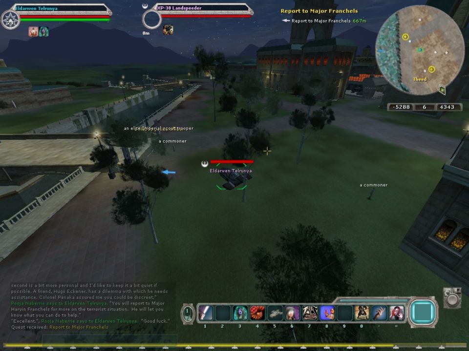 Screenshot of Star Wars Galaxies game showing a settlement at dusk