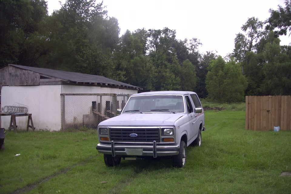 White full-size Ford Bronco with brush guard parked on grass beside a block kennel building